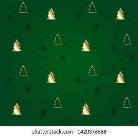 Seamless pattern with Christmas trees. Gold pattern on green background. Festive texture. Holiday xmas design for wrapping gifts or creating a Christmas cards, banners, advertising.