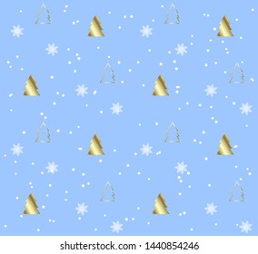 Seamless pattern with Christmas trees. Gold pattern on blue background. Festive texture. Holiday xmas design for wrapping gifts or creating a Christmas cards, banners, advertising.