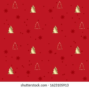 Seamless pattern with Christmas trees. Gold pattern on Red background. Festive texture. Holiday xmas design for wrapping gifts or creating a Christmas cards, banners, advertising.