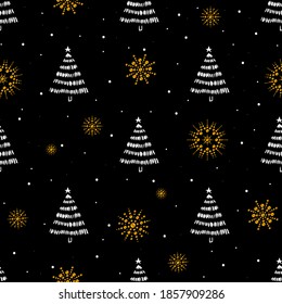 Seamless pattern with Christmas trees and gold snowflakes. Print  for fabric, phone case and wrapping paper. 

