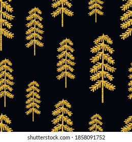 Seamless pattern Christmas trees gold silhouettes glitter vector illustration