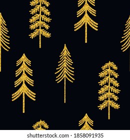 Seamless pattern Christmas trees gold silhouettes glitter vector illustration