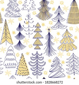 Seamless pattern with Christmas trees golden stars  and snowflakes on white. Christmas or New Year background. Vector illustration. Perfect for holiday invitations, postcards, cover design templates.