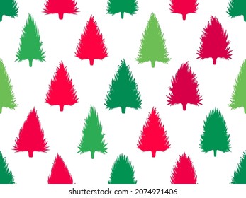 Seamless pattern with Christmas trees green and red color on white background. Festive design for greeting cards, wrapping paper, banners and posters. Vector illustration