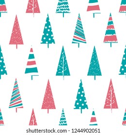 seamless pattern with christmas trees. Hand drawn vector illustration. 