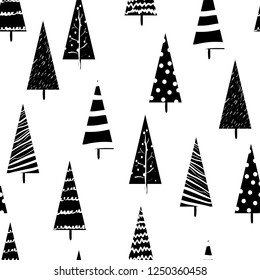 seamless pattern with christmas trees. Hand drawn vector illustration. 