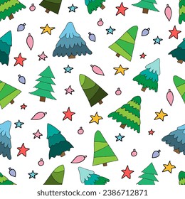 Patrón sin foco, árboles de Navidad con estilo dibujado a mano. Ilustración vectorial.