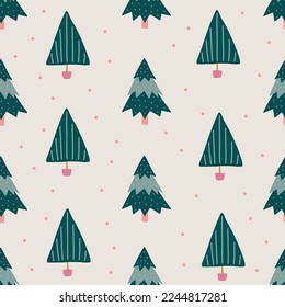 Seamless pattern with Christmas trees. Holiday modern boho background. Vector illustration