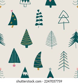 Seamless pattern with Christmas trees. Holiday modern boho background. Vector illustration