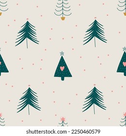 Seamless pattern with Christmas trees. Holiday modern boho background. Vector illustration