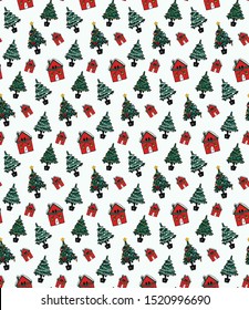 Nahtloses Muster mit Weihnachtsbäumen und Häusern. Vektorillustration Feriengrafik für Ihr Design.