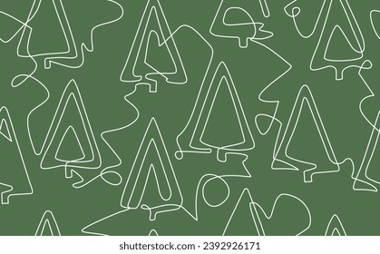 Seamless pattern with Christmas trees isolated on greeb background. Wrapping paper concept. Vector illustration. Continuous line drawing style.