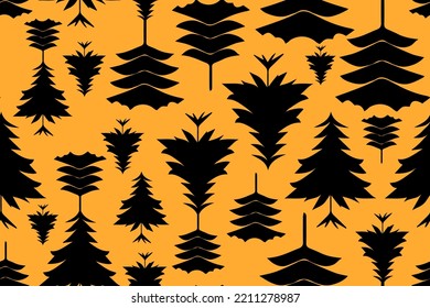 Nahtloses Muster mit Weihnachtsbäumen, japanischen Tempeln, Blättern. Stilvoller Hintergrund mit Kiefern. Zu Neujahr und Weihnachten. Für Websites, für Wrapper, Wallpaper, Postkarten