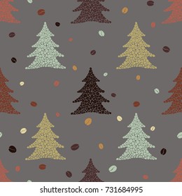 Seamless pattern with Christmas trees making of coffee beans. Vector illustration