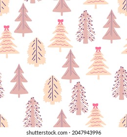 Patrón inmaculado con árboles de Navidad, moderno diseño plano. Un conjunto de árboles de Navidad de colores inusuales. Rosa, lila, beige. Para productos impresos - papel de póster, tela o para la web.