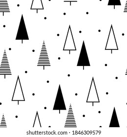 Patrón sin foco con árboles de navidad. Ilustración vectorial monocroma. Textura de moda para impresión, textil, envasado.