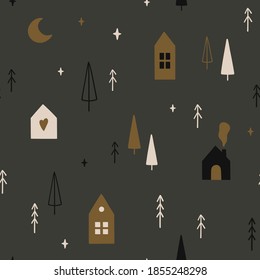 Seamless pattern and Christmas trees  moon  stars   cute scandinavian houses  Creative hand drawn textures for wallpaper  pattern fills  web page background  wrapping paper 
