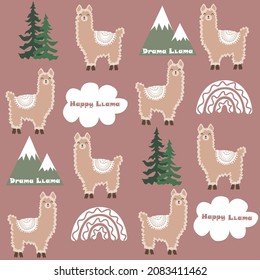 Seamless pattern with with Christmas trees,
mountains,  clouds, funny lettering and cute llamas.  Modern exotic design for paper, cover, fabric, interior decor. Exotic Rapport for Textile, Fabric. 