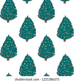 
Seamless pattern. Christmas trees with multicolored balls and bows on a white background. Vector.