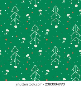 Seamless pattern for Christmas with Christmas trees and mushrooms. Pattern with a green background, white Christmas trees and red berries. Doodle style