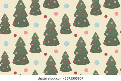 Seamless pattern with Christmas trees. New Year's background with green pines and colorful dots