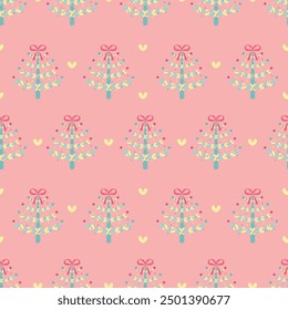 Patrón sin fisuras con árboles de Navidad en estilo vivero. Fondo rosa. Perfecto para el diseño de los niños, textiles de la decoración, impresión de la tela, diseño de la cubierta, tarjetas de Navidad, Fondo de pantalla y diseño de papel de embalaje.