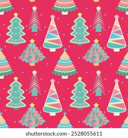 Nahtloses Muster mit Weihnachtsbäumen im Kindergarten-Stil. Roter Hintergrund. Perfekt für Grußkartendesign, Dekortextilien, Cover-Design, Weihnachtskarten und Packpapier-Design. Frohe Weihnachten.