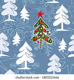 Seamless pattern with Christmas trees on a blue background with snowflakes.  Vector illustration