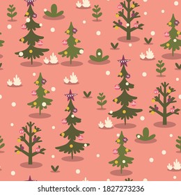 Seamless pattern with Christmas trees on a pink background. Vector graphics.