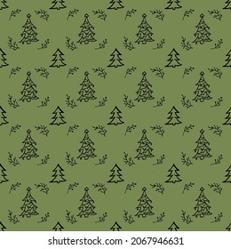 seamless pattern with christmas trees on green background