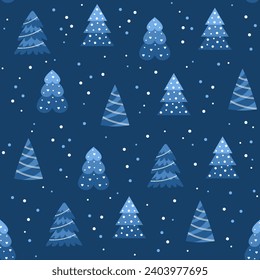 Seamless pattern with Christmas trees on a dark blue background. Flat vector illustration