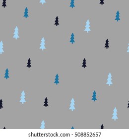 Seamless pattern with christmas trees on gray background. Christmas wrapping paper. Hand drawn vector illustration.