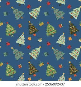 Seamless pattern Christmas trees, pinay, coniferous trees, toys, garlands, snov, snovflake, New Year. Vector