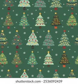 Nahtloses Muster Weihnachtsbäume, Pinay, Nadelbäume, Spielzeug, Girlanden, Snov, Snowflake, Neujahr. Vektorgrafik