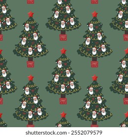 Seamless pattern Christmas trees, pine, coniferous trees, toys, garlands, snow, snowflake, New Year. Vector	
