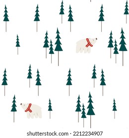 Seamless pattern with Christmas trees and polar white bears. Fir forest wrapping paper. New year background