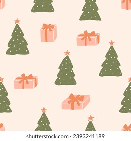 Seamless pattern with Christmas trees and presents