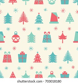 Seamless pattern with Christmas trees, presents and Christmas decorations.