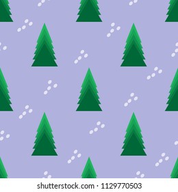 Seamless pattern with Christmas trees and rabbit tracks in the snow. Vector illustration.