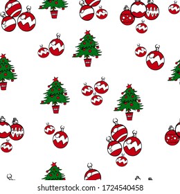 Seamless pattern  with Christmas trees and red Christmas balls. Vector illustration with Christmas elements. Pattern for gift wrapping paper, greeting cards.