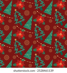 Modelo inconsútil con los árboles de navidad y las florituras rojas, empaquetado y Fondo de pantalla del concepto de la Navidad