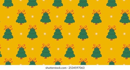 Seamless Pattern of Christmas Trees with Red Bows and Stars on a Yellow Background. Ideal for holiday wrapping paper, festive designs, and seasonal decor