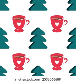 Seamless pattern with Christmas trees and red cups with hot chocolate on a white background. Cute cartoon style Christmas pattern. Cozy winter background with fir trees for wrapping paper, textiles