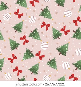 Patrón sin fisuras con árboles de Navidad, lazos rojos y bolas ornamentales sobre un fondo rosa suave con copos de nieve, Ilustración vectorial, dibujado a mano.
