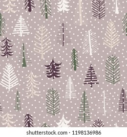 Seamless pattern Christmas trees pattern repeat tile. Purple, green, brown, white doodle trees and snowflakes. Scandinavian Christmas background. Fabric, paper, gift wrap, card, web banner, invitation