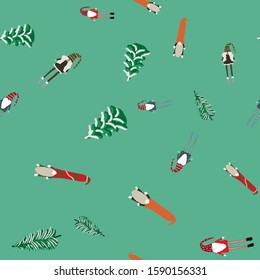 Seamless pattern with Christmas trees and Scandinavian gnomes. Beautiful festive design with elves decorations. For wrapping paper, textiles, fabric. Flat cartoon style vector illustration.