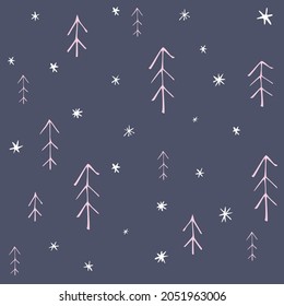 Seamless pattern with christmas trees in scandinavian style on snowy background. Simple minimalistic background for web, pint, wallpaper, wrapping paper, textile, scrapbooking.