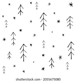 Seamless pattern with christmas trees in scandinavian style on snowy background. Simple minimalistic background for web, pint, wallpaper, wrapping paper, textile, scrapbooking.