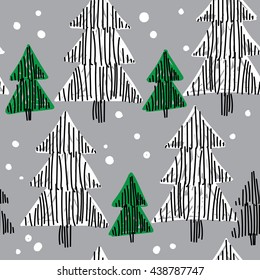 Seamless pattern with Christmas trees in a Scandinavian style . Simple vector drawing by hand.