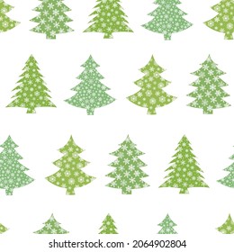 Seamless pattern Christmas trees silhouette snowflakes vector illustration